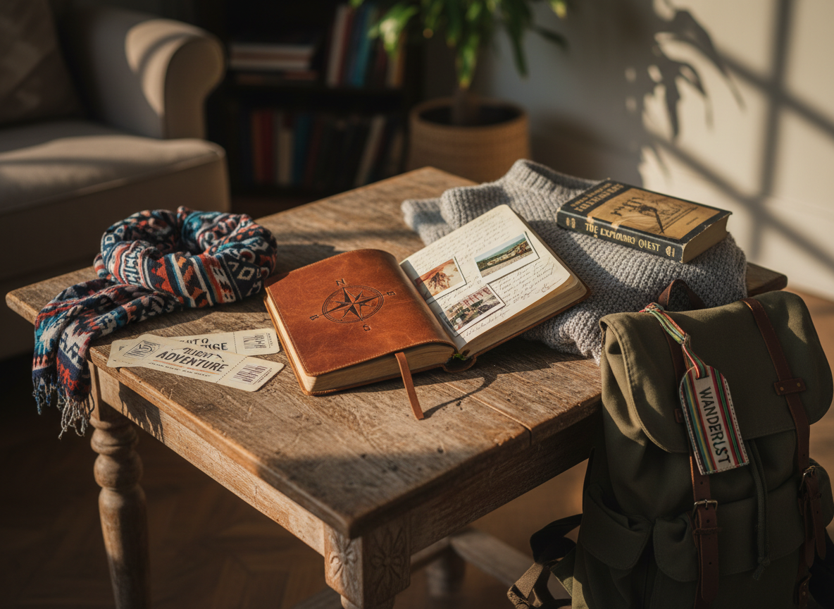 A weathered, leather-bound travel journal lies open on a rustic wooden table beside a neatly folded patterned scarf and a pair of vintage-looking plane tickets. A dog-eared paperback novel peeks from under a soft, heather-gray sweater, its spine creased with use. Nearby, a sturdy canvas backpack leans against the table leg, a colorful luggage tag dangling playfully. Warm late-afternoon sunlight pours through an unseen window, forming golden rectangles across the scene and casting gentle shadows. Shot from a slightly elevated angle in photographic realism, with a shallow depth of field that blurs the cozy interior in the background, the mood feels playful, inviting, and full of possibility, as if a spontaneous adventure is about to begin.