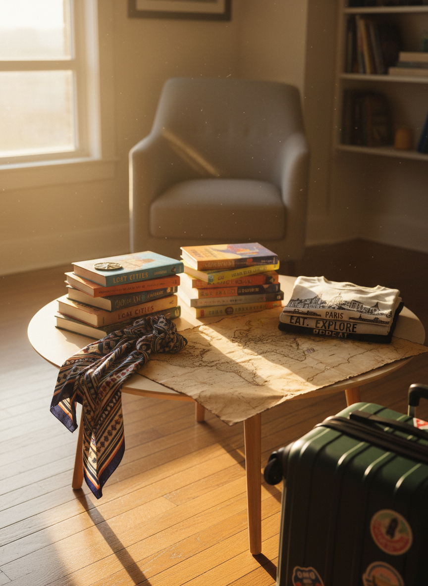 A low, round coffee table in a sunlit apartment corner is covered with a playful mix of travel-themed objects: a stack of colorful paperback novels, a well-worn world map folded into an imperfect square, and a small pile of neatly folded graphic t-shirts featuring city skylines and quirky slogans. A patterned scarf is draped over the table’s edge, almost touching a wheeled suitcase parked nearby. Soft golden hour light streams in from a nearby window, glinting off a metallic bookmark and creating warm highlights on the wooden floor. Captured in photographic realism from a slightly elevated, wide-angle perspective, the composition feels casual and dynamic, with a shallow depth of field leaving the far corner of the room pleasingly blurred, evoking a creative, daydreamy mood.